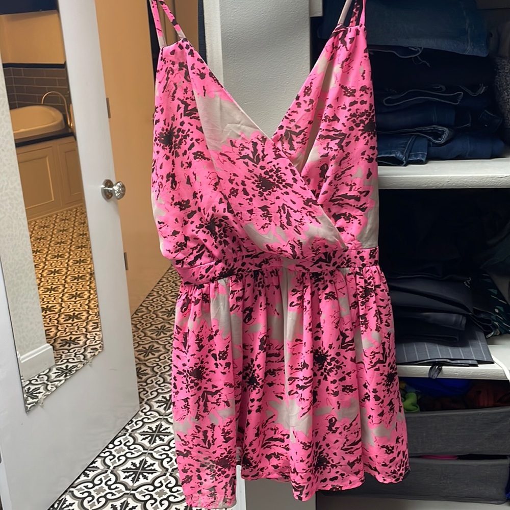 Hot pink, tan and brown floral romper with open back, button closure, size small